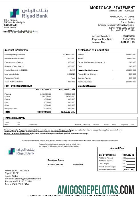 Declaração de hipoteca do Banco Riyad da Arábia Saudita em formatos Word e PDF exemplo real